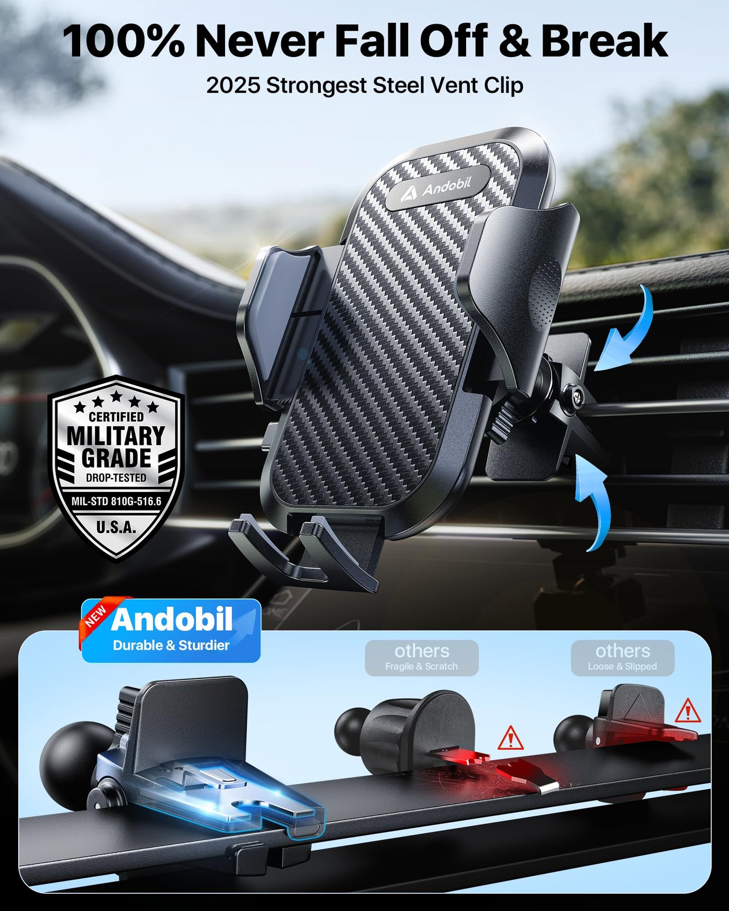 andobil Car Phone Holder, 2026 Military-Grade 89lbs Strongest Suction Phone Holders for Your Car Dashboard/Windshield/Vent Easy Clamp Car Phone Mount Stand for iPhone 17 16 15 14 13 Pro Max Samsung