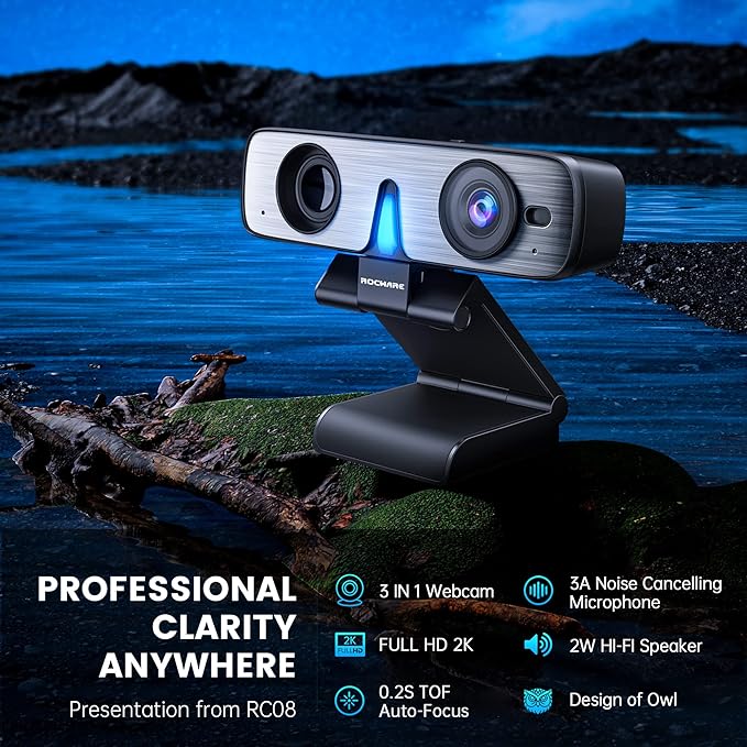 ROCWARE RC08 2K Webcam with Speaker, Webcam for PC, HD Web Cam with Noise Reduction Mic/Harman Speaker/4X Eptz/Privacy Cover/0.2S Auto-Focus/Low Illumination, Computer Camera for Zoom/Teams/Meeting