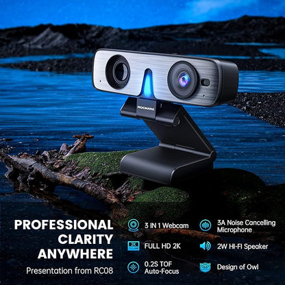ROCWARE RC08 2K Webcam with Speaker, Webcam for PC, HD Web Cam with Noise Reduction Mic/Harman Speaker/4X Eptz/Privacy Cover/0.2S Auto-Focus/Low Illumination, Computer Camera for Zoom/Teams/Meeting