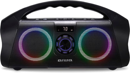 AIWA Portable Boombox - Waterproof Bluetooth Speaker, Rechargeable Wireless Boombox with Multi Color LED Lighting and Digital Display, AUX Input and Carry Handle, 15 Hour Playtime