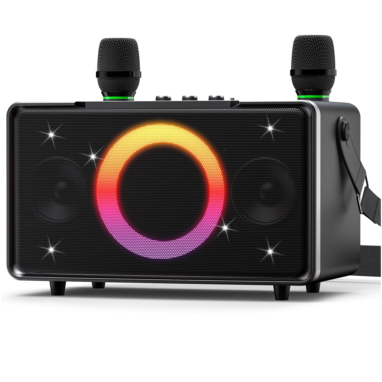 GFEEN Karaoke Machine for Adults, 100W Portable Speaker with Bluetooth and Wireless Microphone, Bass/Treble Adjustment, 6 DJ Lights, USB/AUX for Home Party, Outdoor, Backyard(Silver with 2Mic)