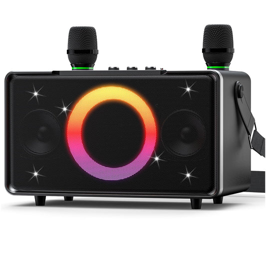 GFEEN Karaoke Machine for Adults, 100W Portable Speaker with Bluetooth and Wireless Microphone, Bass/Treble Adjustment, 6 DJ Lights, USB/AUX for Home Party, Outdoor, Backyard(Silver with 2Mic)