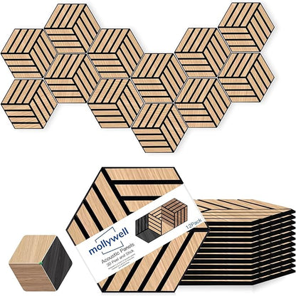 Mollywell Hexagon Acoustic Panels, Natural Oak TH4, 14x12x0.4 Inch, 12 Pack |Wood Veneer|High Density Sound Proofing Wall Panels|Self Adhesive Sound Dampening Felt Wall Tiles|Home Theater|Gaming Room|
