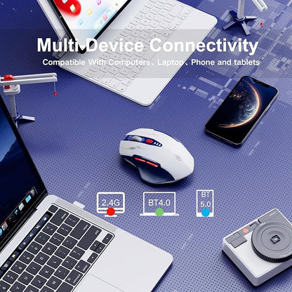 Bluetooth Mouse,[Upgraded] Multi-Device Wireless Mouse Rechargeable,Visible Battery Level,Tri-Mode (BT 5.0/4.0+2.4G Hz), 4 Adjustable DPI,Coldless Mice for Laptop and PC,Bluewhite
