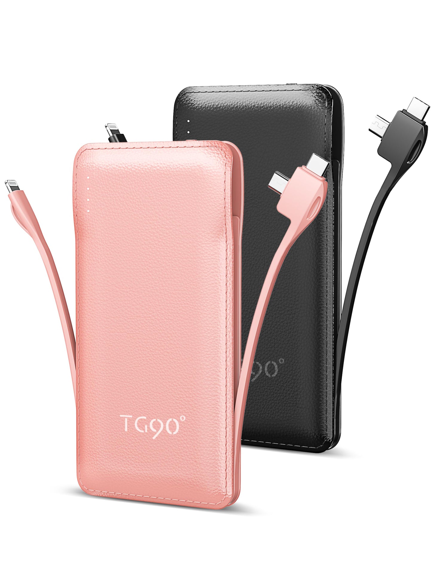 TG90° 2 Pack Slim Portable Charger with Built in Cables,10000mAh Power Bank Travel Charger Cell Phone External Battery Pack,4 Output Portable Bank Compatible with iPhone Android Phone
