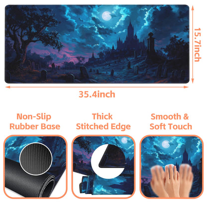 NIYLYNSYN Mouse Pad Large Gothic Graveyard Non-Slip Game Desk Mat with Stitched Edge Laptop Keyboard Desk Pad for Work Home Gaming (35.4 x 15.7 Inches)