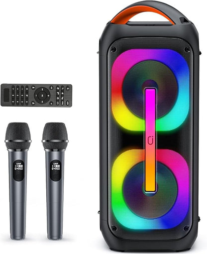JYX Bluetooth Speaker with 2 Dual 60W 6.5" Subwoofer, PA System with 2 Wireless Mics, TWS Stereo Sound, Deep Bass & Recording for Party, 400W Peak Power Karaoke Machine