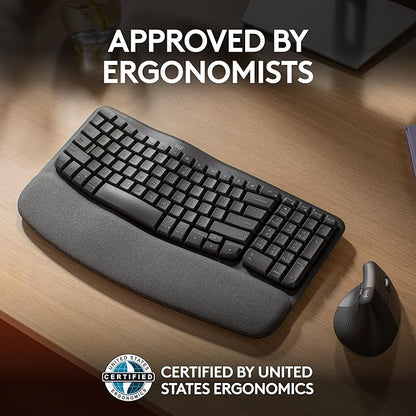 Logitech Wave Keys Wireless Ergonomic Keyboard with Cushioned Palm Rest, Comfortable Natural Typing, Easy-Switch, Bluetooth, Logi Bolt Receiver, for Multi-OS, Windows/Mac - Graphite