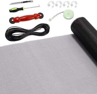 FLYZZZ Window Screen Door Repair Kit, 59‘’X118‘’ Fiberglass Mesh Replacement with Roller Tool/Hook/Spline/Cutter/Clips/Ruler, 7-in-1 Sliding Patio Door & Screen Door Repair Kit, Black