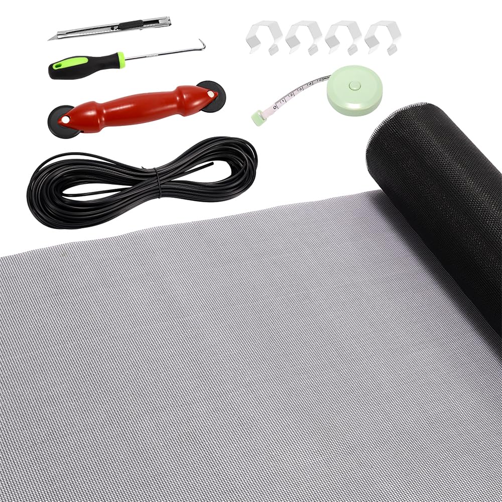 FLYZZZ Windows Screen Door Repair Kit Fiberglass Mesh 48''x118''(0.138"Spline) Black Window Screen Repair Kit Replacement Mesh Tool for Patio Screen Sliding Door Screen