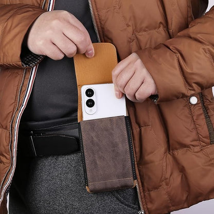 Universal Phone Holster Phone Pouch Case Belt Clip Belt Loops Card Slot Faux Leather for Man iPhone 17/16/15pro max,16/15Plus,Samsung S25 24 S23 S22 Ultra (Brown&Yellow, XL(6.6"x3.4"x0.8"))
