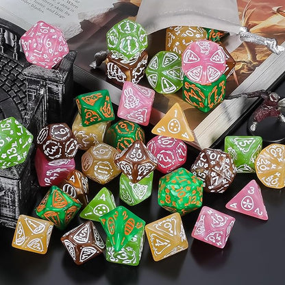 CiaraQ Polyhedral Dice Set, 5 Colors with 5 Decorative Pouches, 7 Pieces per Set, Fantasy RPG Gaming Dice/DND Dice/Role Playing Dice, Easter Themed