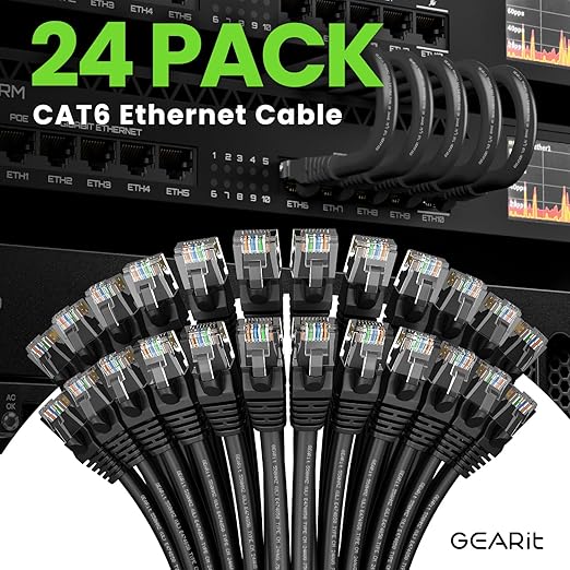GEARit Cat 6 Ethernet Cable Pack - 24-Pack 6 ft Cat6 Ethernet Patch Cables | RJ45 Network Patch Cable, 10 Gbps Snagless Gold-Plated Connectors - Ethernet Cable Cat 6 for PC, TV, Router - Black