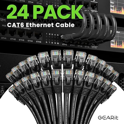 GEARit Cat 6 Ethernet Cable Pack - 24-Pack 5 ft Cat6 Ethernet Patch Cables | RJ45 Network Patch Cable, 10 Gbps Snagless Gold-Plated Connectors - Ethernet Cable Cat 6 for PC, TV, Router - Black