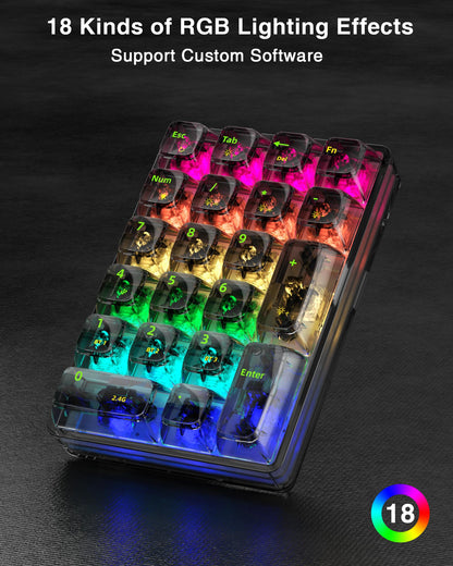 SOLAKAKA K21 RGB Backlit Tri-Mode Transparent Wireless Mechanical Number Pad Supports 3 BT/2.4GHz/Type C Wired, Hot Swappable 21 Keys with Transparent Keycaps Black