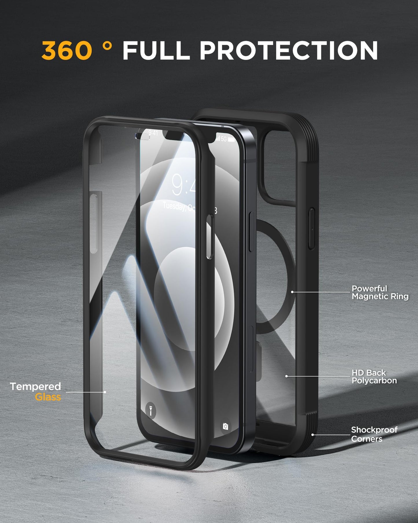 Miracase Magnetic for iPhone 12 mini Case, [360 Full-Body Protection & Complete Camera Guard], Drop & Scratch-Resistant, Shockproof, Stylish Clear iPhone Case, iPhone 12 mini Cover, Black