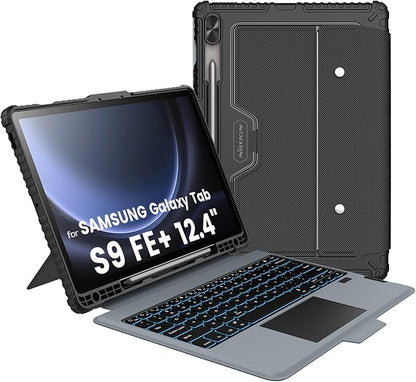 Nillkin for Samsung Galaxy Tab S9 FE Plus Case with Detachable Keyboard, Multi-Touch Trackpad, 7-Color Backlit, S Pen Holder, Rugged Keyboard Case with Camera Cover for Samsung Tablet S9 FE+ 12.4"