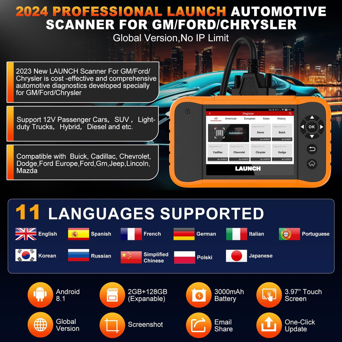 LAUNCH Creader Elite 2.0 FGC OBD2 Scanner,ECU Code, Bi-Directional Scan Tool for Ford, for GM, for Chrysler,100+ Reset, Full System Diagnose, FCA AUTOAUTH, AUTOVIN, Lifetime Free Update