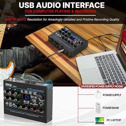 Pyle USB Audio Interface - MIC/LINE - Guitar - AUX Stereo & RCA Inputs - Preset 24 Digital Effects - Phantom Power - Phone/Stereo/Monitor/Headphone Outputs - For Computer Playing & Recording - PMUX9