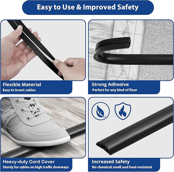 Cord Cover Floor 6ft White, PVC Floor Cable Cover, Cord Hider Floor Cord Protector Prevent Cable Trips & Protect Wires, Floor Cable Management Hide Cords on Floor, Cord Cavity -W0.47 x H0.28