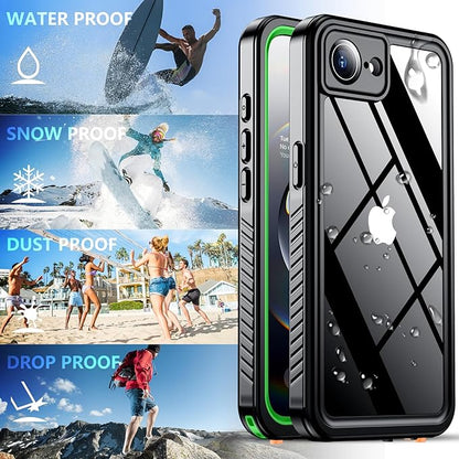 SPIDERCASE for iPhone 16e Case Waterproof,Built-in Screen & Camera Lens Protector[IP68 Underwater] [Military Grade Shockproof] Cell Phone Home Button Stickers, Green/Clear