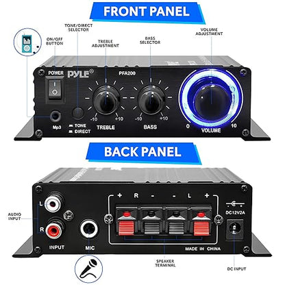 Pyle Home Mini Audio Amplifier - 60W Portable Dual Channel Surround Sound HiFi Stereo Receiver w/ 12V AC Adapter, AUX, MIC IN, Supports Smart Phone, iPhone, iPod, MP3 For 2-8ohm Speakers - Pyle PFA200