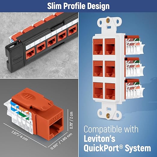 Everest 45° Angled RJ45 Cat6 Keystone Jacks 100-Pack in Orange - Slim Profile Female RJ45 Connectors - Cat 6 Keystone Jack - Compatible with 45° Angled Speed Termination Tool - 45Term (B0BL3GS7ZY)
