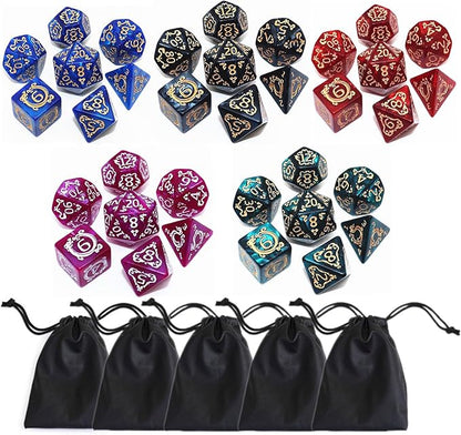 Polyhedral DND Dice Set, 5 Pack Vintage Dragon-Patterned Dice Sets Compatible with Dungeons and Dragons D&D RPG Games,35 Pieces (5 Colors with Black)