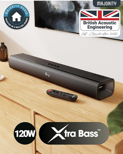 Majority Bluetooth 120W TV Sound Bar for Smart TV, 24 Inch, 2.1 Channel, 3D Sound with Built-in Subwoofer | EQ Control, HDMI Arc, Optical, AUX, Remote, and Wall Mountable Naga 60 Soundbar for TV