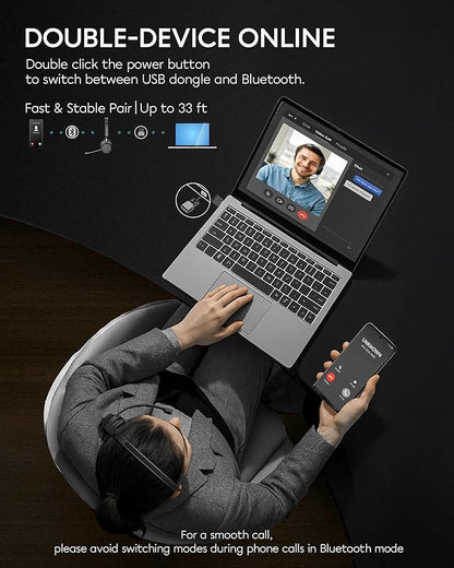 Bluetooth Headphones Wireless Headset with Mic for Work-V5.3 Computer Headsets with Noise Reduction Microphone, 2.4Ghz USB Dongle & Mute Button for PC, Laptop, Office, Home