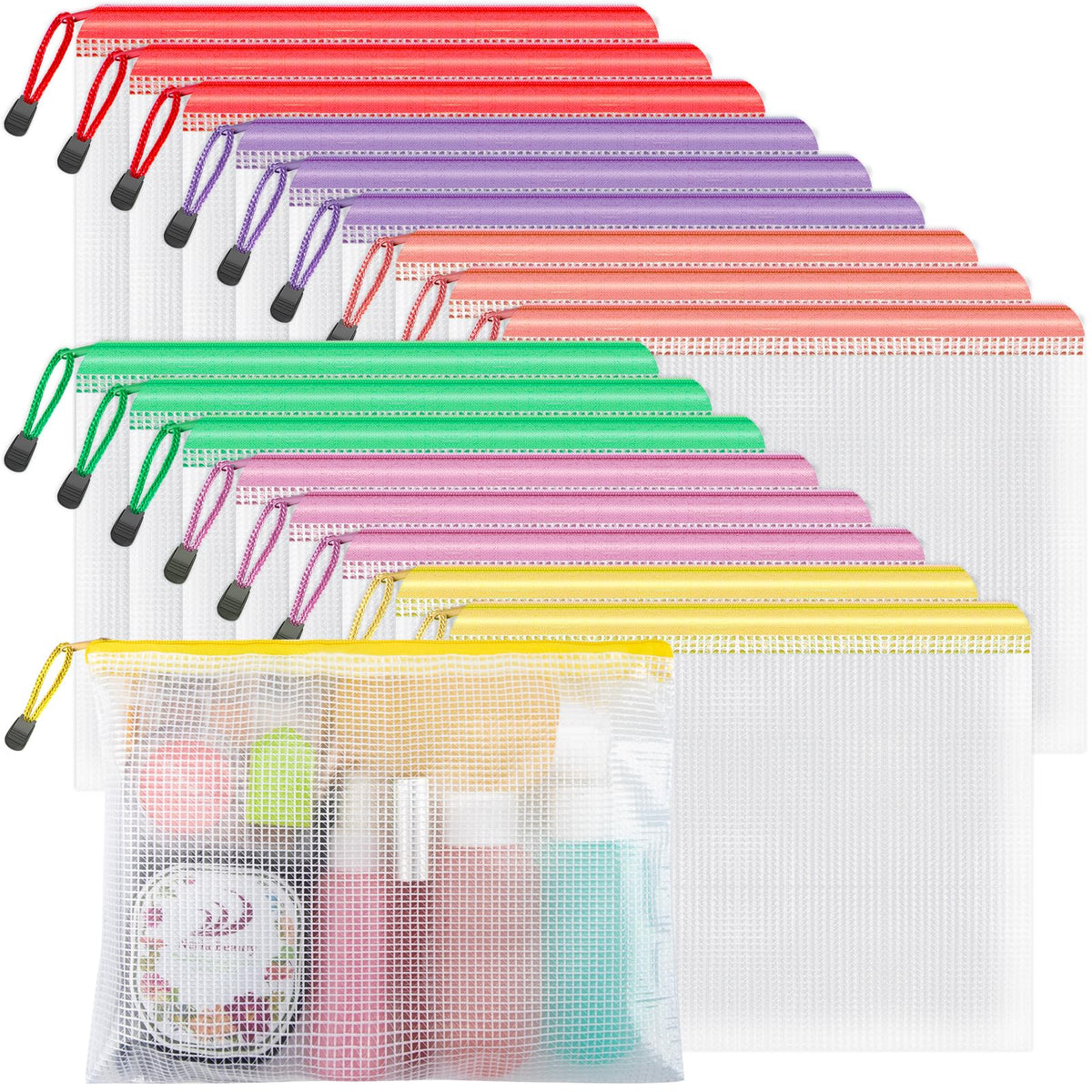 Umriox B4 Mesh Zipper Pouch Bags, 18 Pack Large Organizer, 6 Colors