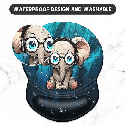ITNRSIIET Ergonomic Mouse Pad with Gel Wrist Support Small Wrist Rest Smooth Surface Non-Slip PU Base Comfortable Office Supplies Pain Relief, 8.7 x 7.2 inches, Pretty Elephant