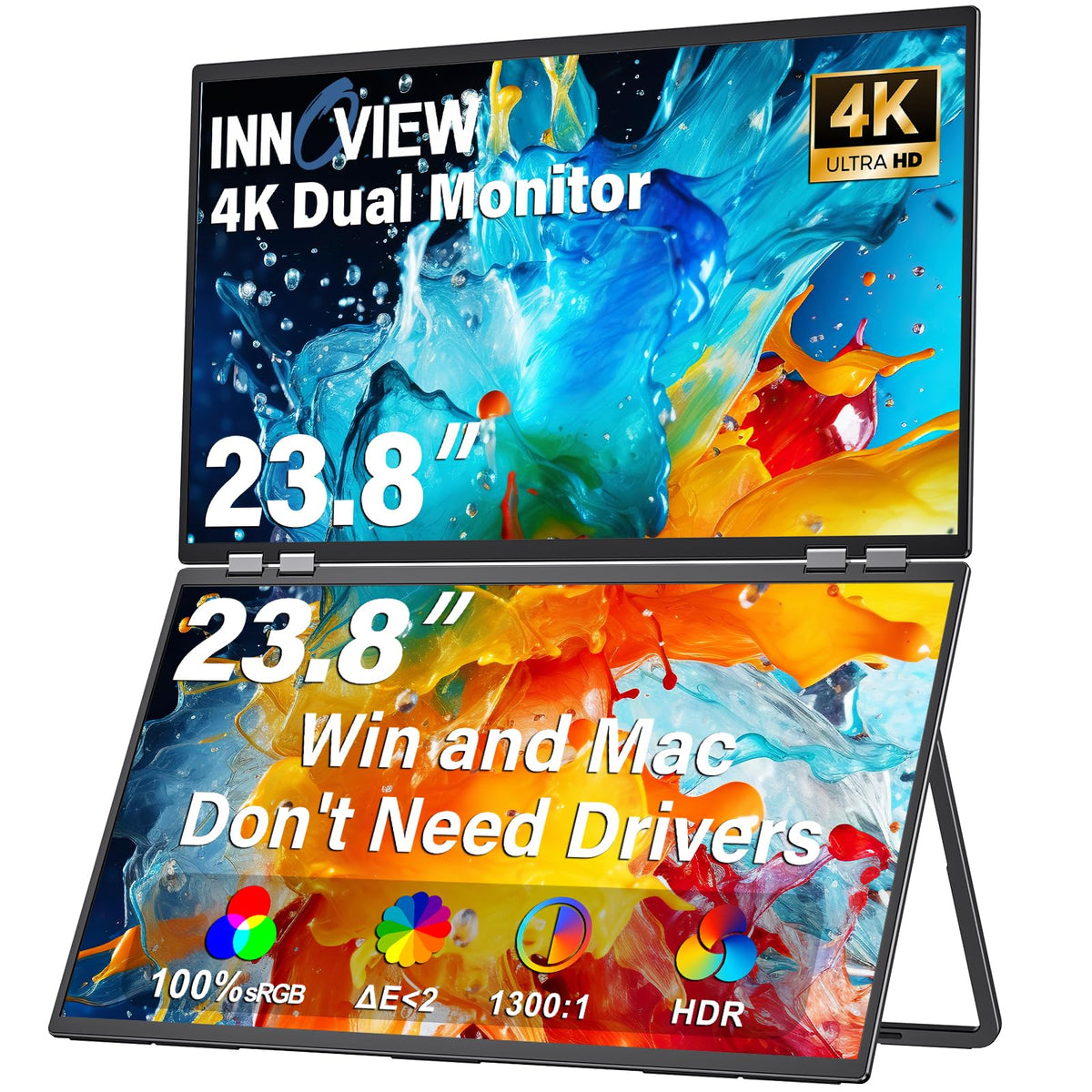 InnoView 23.8" FHD Dual Portable Monitor 1920x1080P 100% sRGB - Foldable & Stackable Design with 315° Screen Adjustment & 180° Stand | USB-C/HDMI, Dual Monitor for Laptop, Mac, Windows