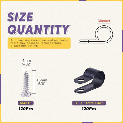Swpeet 120 Pack Black 3/8 Inch Nylon Plastic R-Type Cable Clips Clamp Kit, Nylon Screw Mounting Cord Fastener Clips with 120 Pack Screws for Wire Management (3/8 Inch, Black)