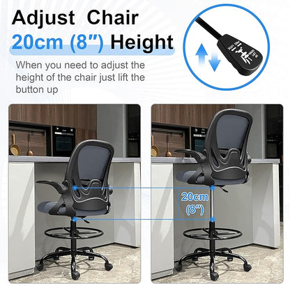 Primy Drafting Chair Tall Office Chair with Flip-up Armrests Executive Ergonomic Computer Standing Desk Chair with Lumbar Support and Adjustable Footrest Ring（Dark Gray）