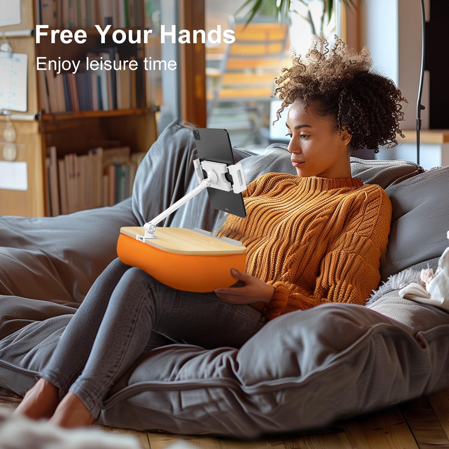 ERGONOV Lap Beanbag Cozy Pillow Stand for Bed with Adjustable Arm, 360° Tablet Holder, Fits 4.7"-13" Kindle, iPad, Phone, Lap Desk for Hands Free Reading in Bed, Couch, Sofa,Orange