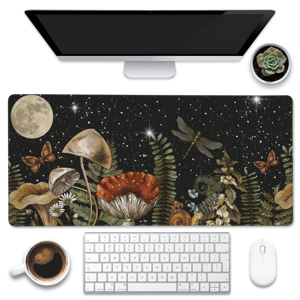 Eflxamz Large Gaming Mouse Pad for Desk,Cute Forest Mushroom Desk Mat,Starry Night Mushroom Desk Pad,Extended Big Computer Keyboard Mouse Pad with Non-Slip Base and Stitched Edge,35.4"x15.7"