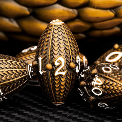 ARUOHHA DND Metal Dice Antique Gold Dragon Egg Dice with Rotating Dragon Egg Shell, Role Playing Game RPG Polyhedral D and D Dice Set D20 D12 D10 D8 D6 D4