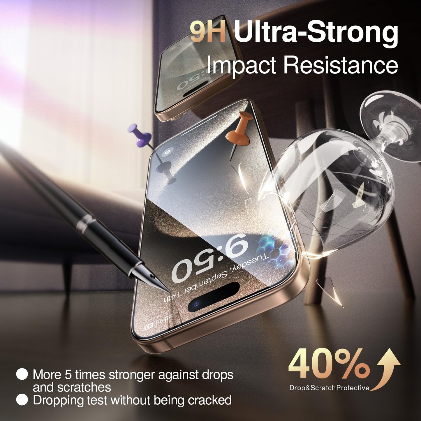SMARTDEVIL 3 Pack Tempered Glass for iPhone 15 Screen Protector, Military-Grade Shatterproof Protection, 9H Hardness, Fast & Easy Installation, Case Friendly Design