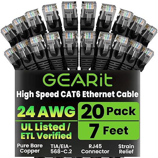 GEARit Cat 6 Ethernet Cable Pack - 20-Pack 7 ft Cat6 Ethernet Patch Cables | RJ45 Network Patch Cable, 10 Gbps Snagless Gold-Plated Connectors - Ethernet Cable Cat 6 for PC, TV, Router - Black