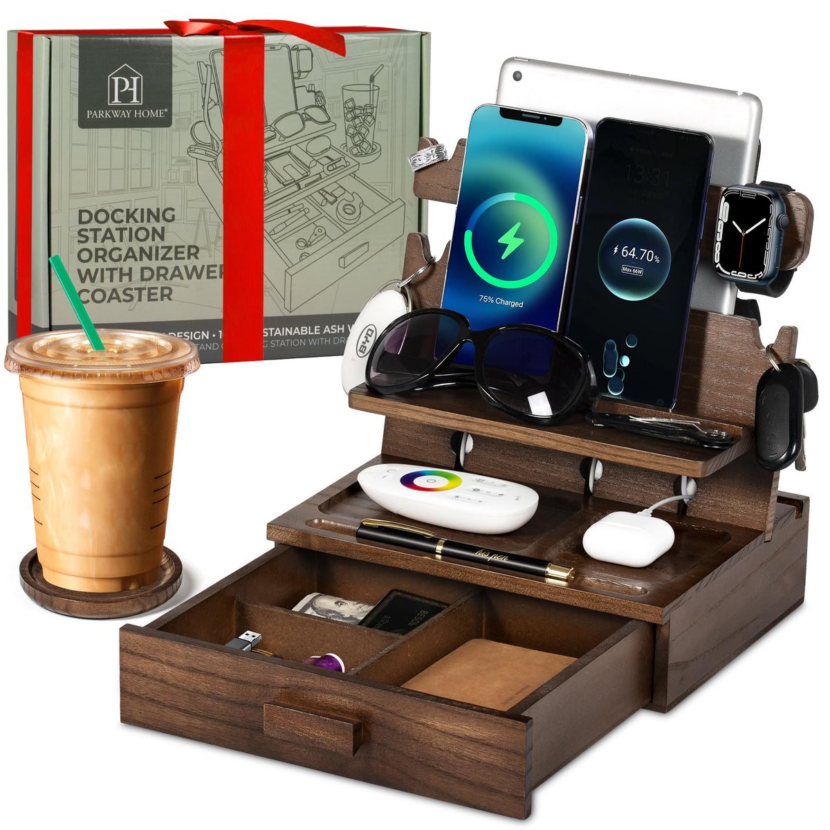 Black Wood Phone Docking Station for up to 3 Phones - Nightstand Organizer with Drawer for Valuables for Men & Women, Compatible with Apple Watch, Holds Phones, Tablets, Keys, Rings, Glasses, EDC
