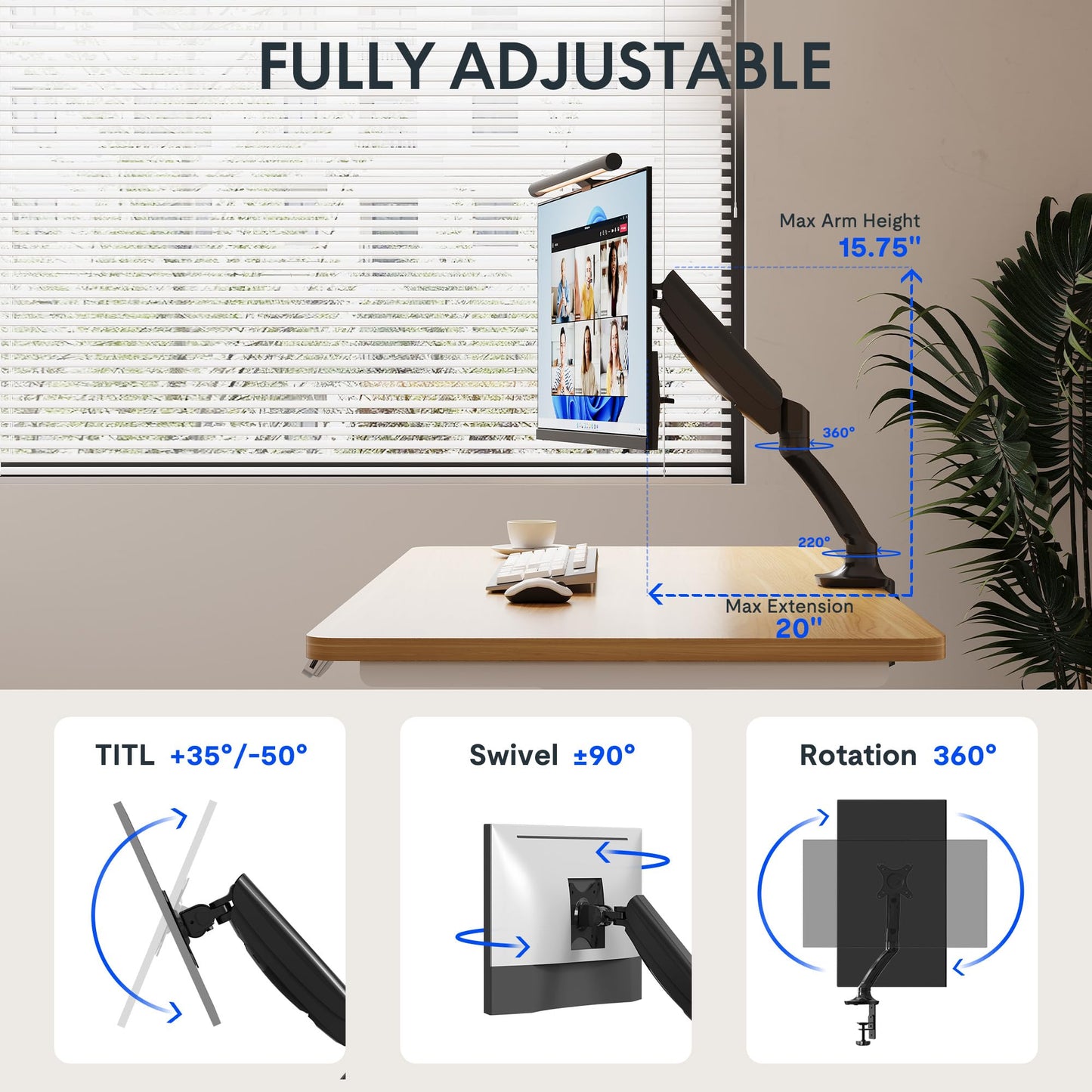 FlexiSpot Single Monitor Stand - Adjustable Spring VESA Mount with C Clamp for 17 to 30 Inch Computer Screens - Heavy Duty Monitor Arm Holds up to 3.3 to 11lbs