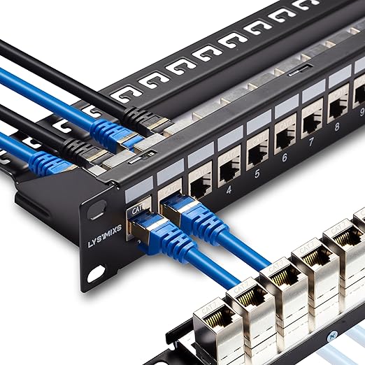 24 Port RJ45 Patch Panel Cat7 STP Feed Through, Coupler Network Panel 19 Inch, Inline Keystone Ethernet Patch Panel with Back Bar