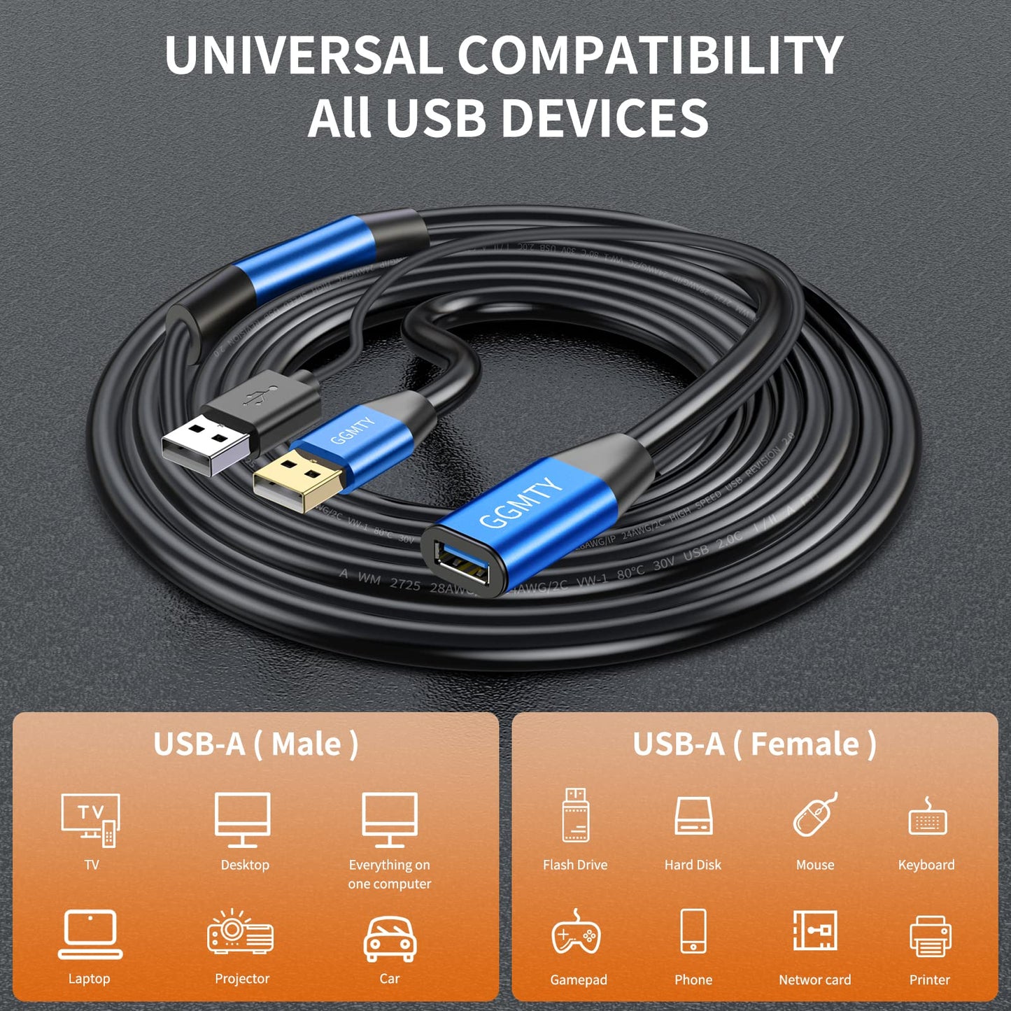 GGMTY USB 2.0 Type A Male to A Female Active Repeater Extension Cable 50ft, High Speed 480 Mbps