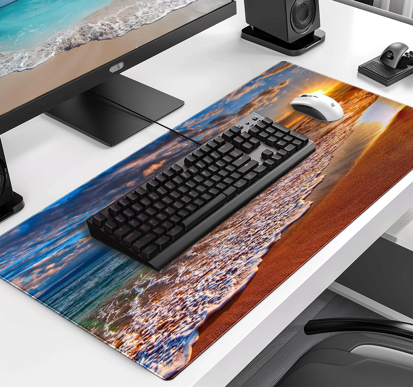 Sunset Beach Large Gaming Mouse Mat with Stitching Edges, Office Desk Mat