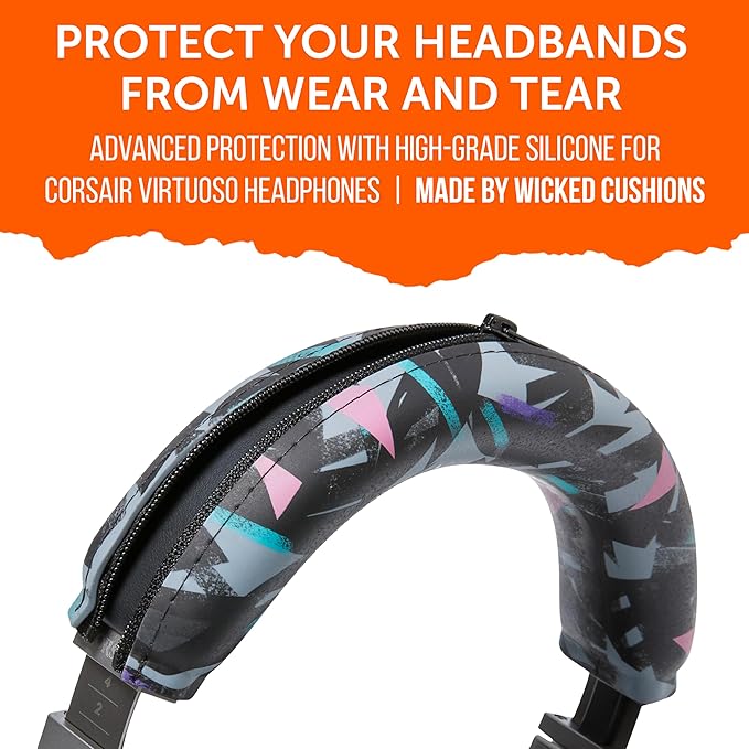 WC BandZ Virtuoso V2 - Silicone Headband Cover for Corsair Virtuoso Headphones by Wicked Cushions | Machine Washable, No More Flaking Leather | for Virtuoso Wireless, XT, and SE | 90's Black