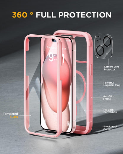 Miracase Glass Series for iPhone 15 Case [Compatible with MagSafe] Full-Body Magnetic Case with Built-in 9H Tempered Glass Anti-Fingerprint Screen Protector + Camera Lens Protector, Pink and Clear