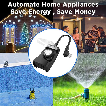 G-ELEK Outdoor Timer Outlet Waterproof, 24 Hour Outdoor Light Timer, Timers for Electrical Outlets, Ideal for Pool Pump, Christmas Lights, Heavy Duty, 1 Grounded, CSA Listed, 2 Pack