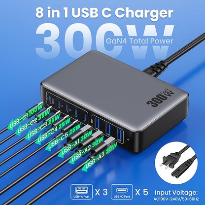 USB C Charger 300W USB C Charger Block 8-Ports GaN IV Fast Charging Station,PD 100W Laptop Hub Wall Charging Adapter Compatible with MacBook/Air,DELL,Steam Desk,iPhone 16/15/14,Samsung Galaxy S24 etc