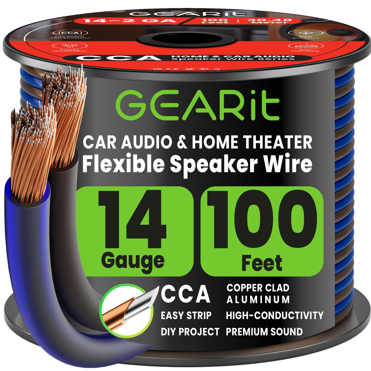 GEARit 14 Gauge Speaker Wire 100FT,14/2 Speaker Cable for Home & Car Audio